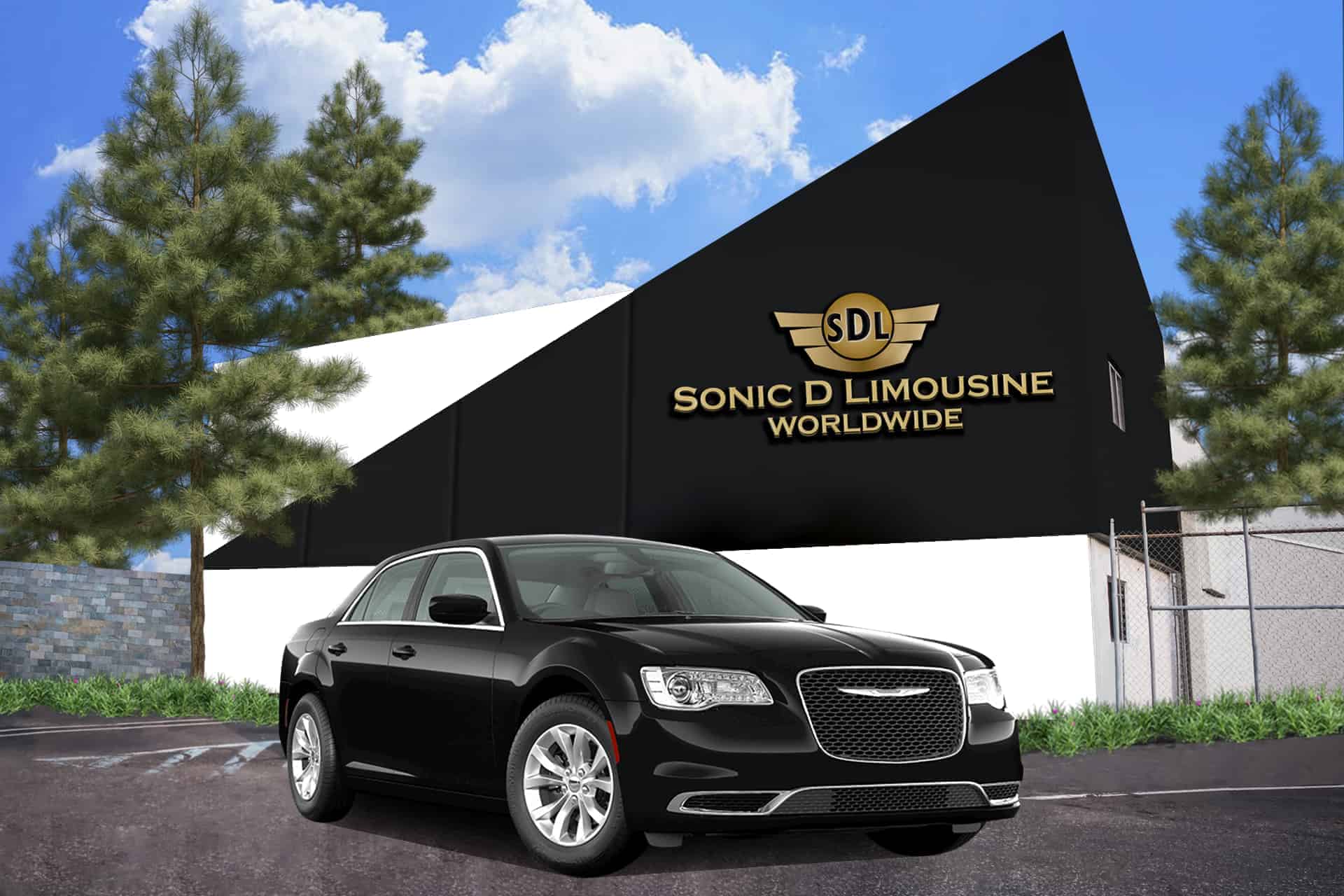 Sonic D Limousine logo in the background of Chrysler 300
