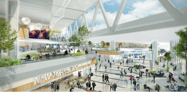 View of the inside terminal at Laguardia Airport with a crowd